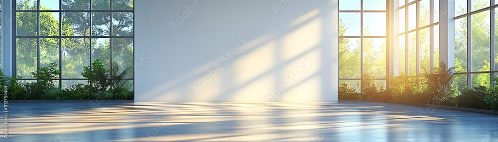 Naklejka premium Sunlit modern room with large windows and plants.