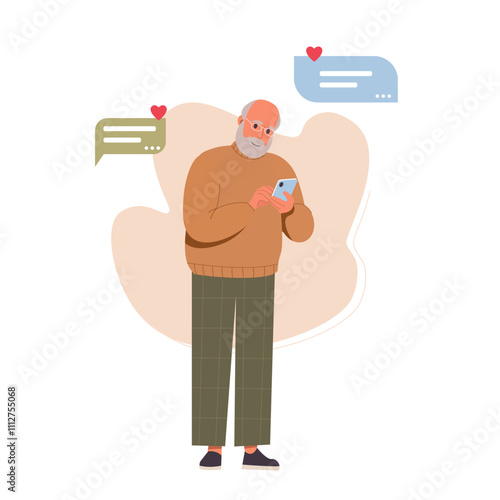 Old man using mobile cell phone, chatting online and messaging. Senior elderly character communicate in social networks. Happy aged cellphone user. Flat cartoon vector illustration isolated on white.