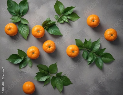 A single clementines tangerines on a gray paper background with green leaves, gray paper, artificial flowers photo