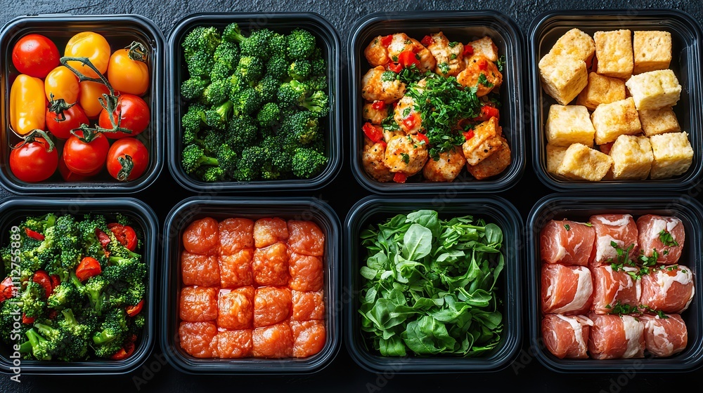 a collection of healthful food items in black plastic takeout boxes set of containers with standard fare on a black background including meat veggies and low fat snack a collection of healthful food items in black plastic takeout boxes set of containers with standard fare on a black background including meat veggies and low fat snack