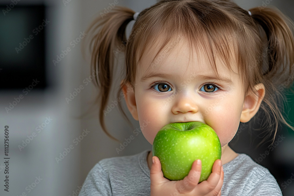 Adorable young girl with pigtails in a gray shirt bites into a green apple, standing in kitchen. Copy space. Adorable young girl with pigtails in a gray shirt bites into a green apple, standing in kitchen. Copy space.