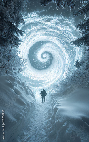 Surreal Winter Landscape with a Swirling Snow Vortex and a Lone Figure, Highlighting Natural Beauty, Mystery, and Fantastical Adventure photo