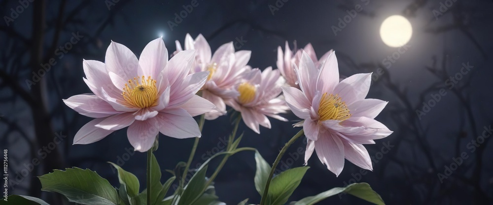 an enchanting flower with soft colors and delicate details unfolds its petals under the full moon, gentle detail, blooming flower