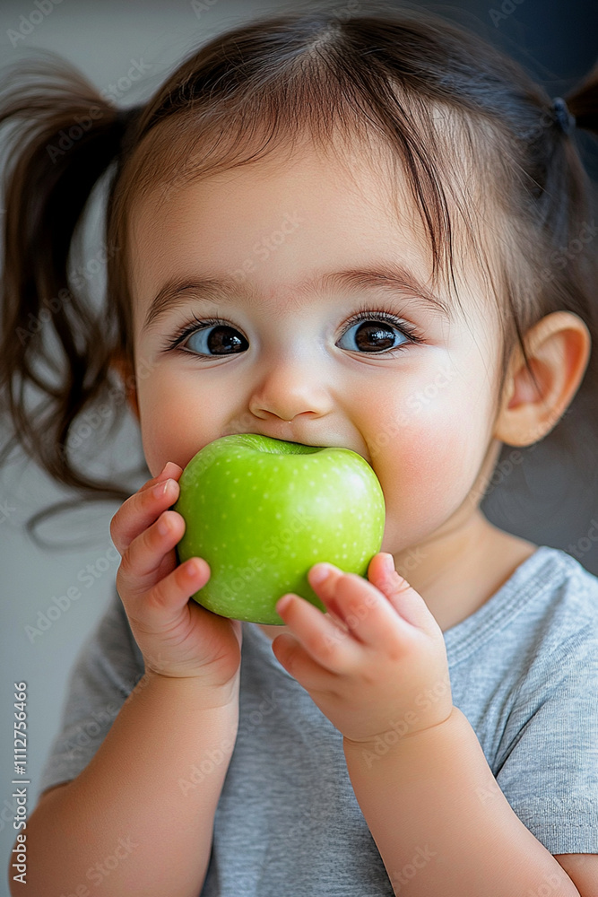 Happy little girl with pigtails and gray shirt enjoys a green apple, standing in bright kitchen. Happy little girl with pigtails and gray shirt enjoys a green apple, standing in bright kitchen.