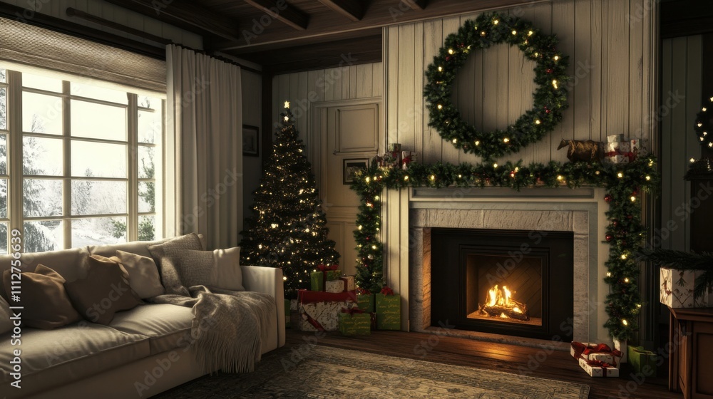 Green garland framing holiday memories in a cozy home Green garland framing holiday memories in a cozy home