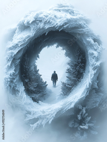 Surreal Winter Landscape with a Swirling Snow Vortex and a Lone Figure, Highlighting Natural Beauty, Mystery, and Fantastical Adventure photo