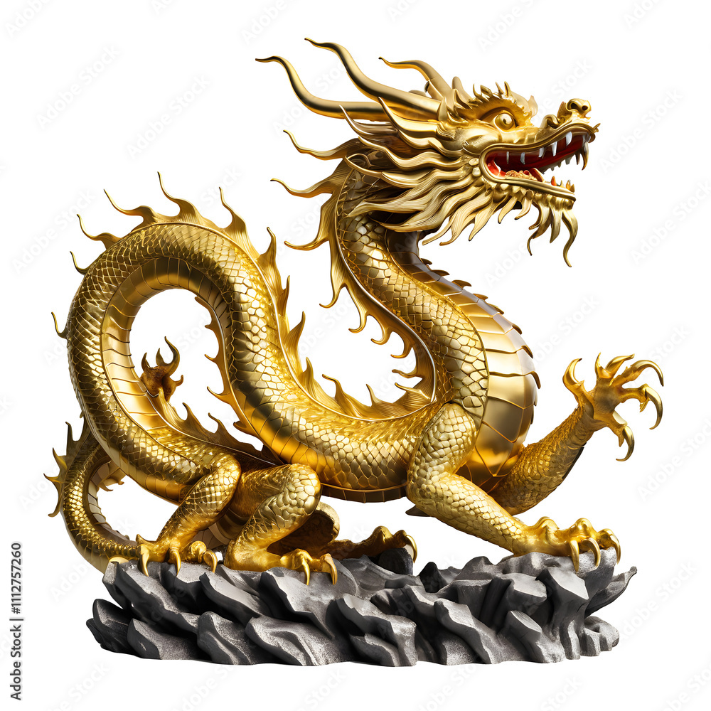 Fototapeta premium Majestic Golden Dragon Statue on Rocks