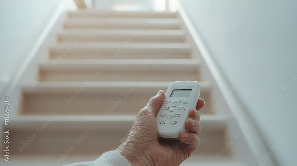 A person’s hand holding a remote control for home automation, adjusting lighting, temperature, or security settings in a modern smart home environment A person’s hand holding a remote control for home automation, adjusting lighting, temperature, or security settings in a modern smart home environment