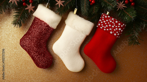 Festive Christmas Decor Bells, Tree Branches, and Stockings