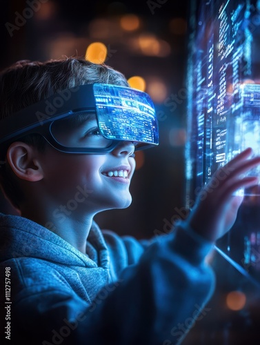 future technology, augmented reality and cyberspace concept - happy smiling boy in glasses touching virtual screen projection over white illumination in dark room photo