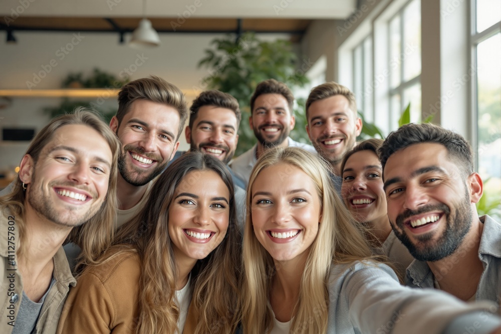 Group of Joyful Friends Smiling Together in a Bright, Modern Cafe Group of Joyful Friends Smiling Together in a Bright, Modern Cafe