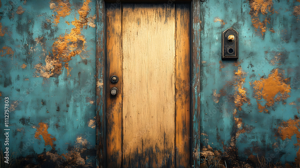 Weathered wooden door on a teal and orange stucco wall. Weathered wooden door on a teal and orange stucco wall.