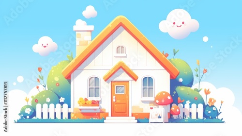 A cheerful, cartoon-style house surrounded by vibrant flowers and greenery.
