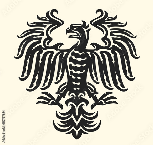 Heraldic eagle with outstretched wings, coat of arms. Emblem or symbol of power. Silhouette vector illustration