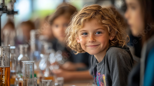 Young boy smiles while participating in science experiment at a school lab during a hands-on learning session. Generative AI