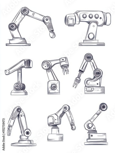 Wallpaper Mural Industrial robotic arm set. Isolated robotic arm automation outline icons. Industrial robot hand line contour drawings. Flat vector machine technology, manufacturing, production industry Torontodigital.ca