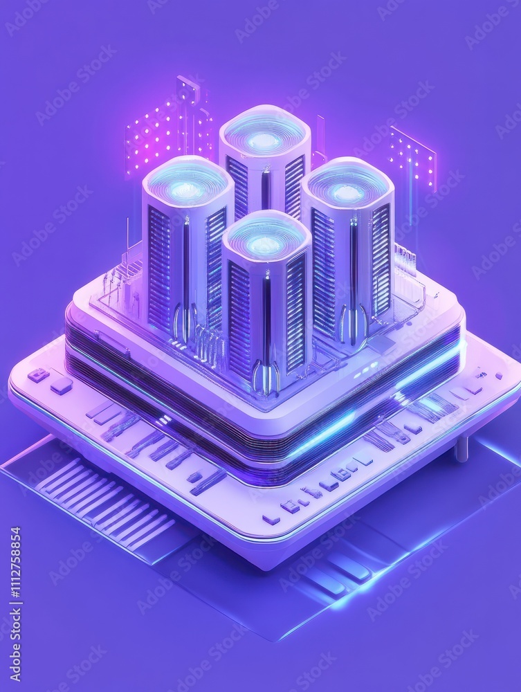 Isometric design of big data center base on bright purple background Isometric design of big data center base on bright purple background