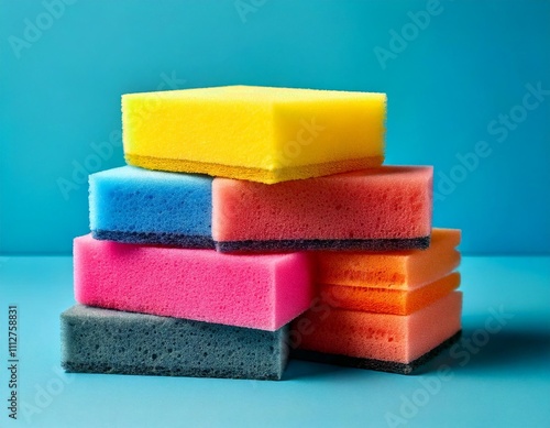 Vibrant pink, yellow, and gray sponges stacked neatly on a light blue backdrop, perfect for cleaning product themes photo