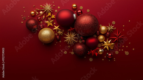 Red and Gold Christmas Accessories Composition with Festive Stars. Generate Ai