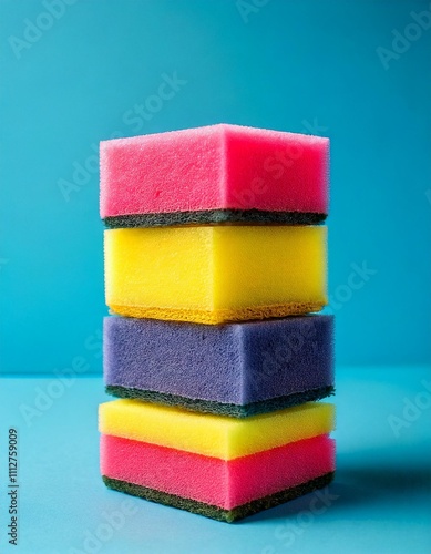 Vibrant pink, yellow, and gray sponges stacked neatly on a light blue backdrop, perfect for cleaning product themes