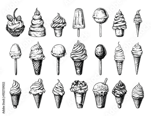 Engraving ice cream. Frozen chocolate vanilla pistachio coffee caramel mint treats in cones and on stick, popsicle with different toppings monochrome isolated vectors on white background