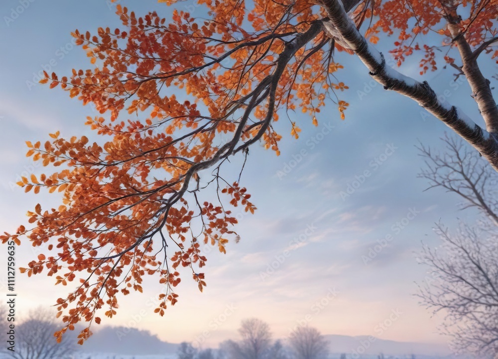 Colorful leaves clinging to bare tree branches against a backdrop of frosty sky, seasonal change, nature scene, atmospheric conditions Colorful leaves clinging to bare tree branches against a backdrop of frosty sky, seasonal change, nature scene, atmospheric conditions