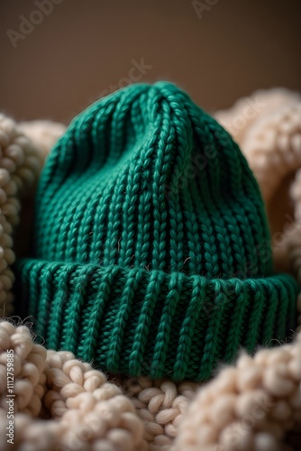 Green knit beanie hat on cozy beige blanket photo