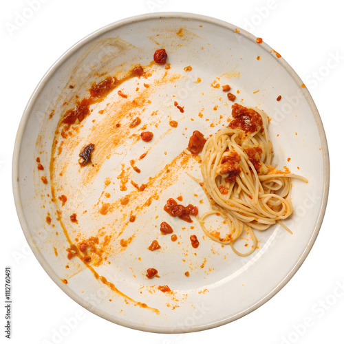 Empty Plate with Leftover Spaghetti and Sauce isolate on transparent background cutout, PNG, Cutout