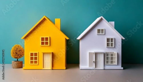 Wallpaper Mural Architectural model of two paper houses in yellow and white, featuring simple, geometric shapes on a neutral backdrop Torontodigital.ca