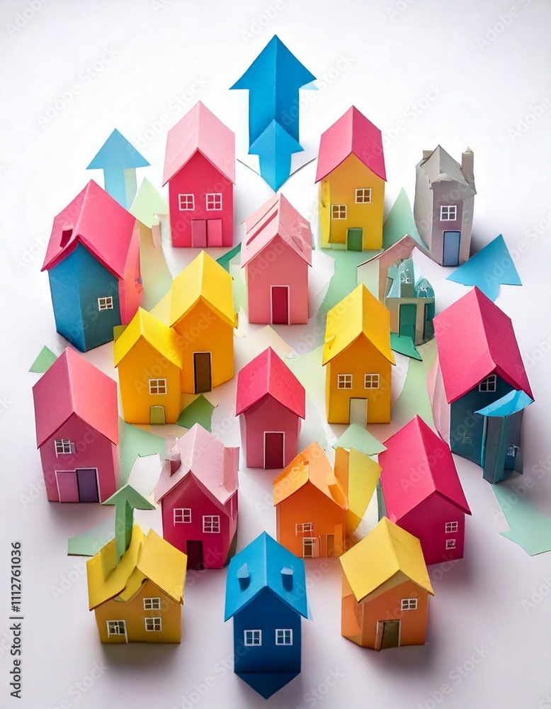 Paper houses in pink and yellow with blue arrows on a white background, illustrating choice and movement in housing concepts Paper houses in pink and yellow with blue arrows on a white background, illustrating choice and movement in housing concepts