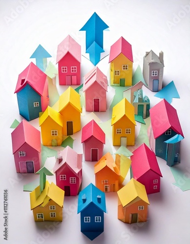 Paper houses in pink and yellow with blue arrows on a white background, illustrating choice and movement in housing concepts