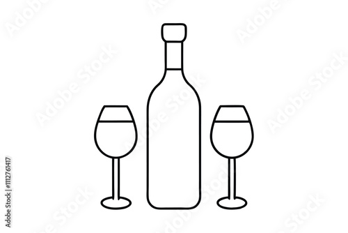 Wine bottle and two glasses line art vector illustration