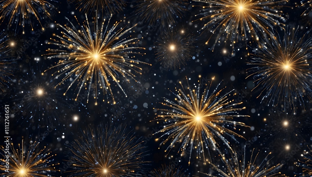 Naklejka premium Many gold and dark-blue fireworks explode against a dark night sky.
