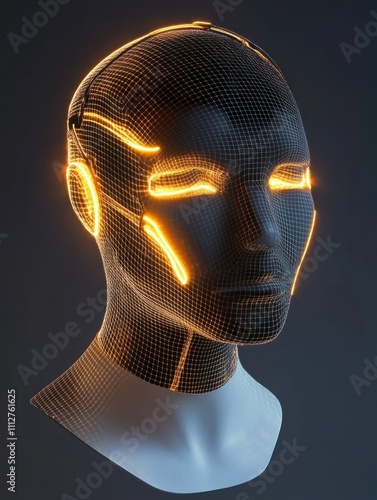 Robotics concept with head of robot mannequin overtightened with glowing mesh on dark blank background. 3D rendering, mock up photo