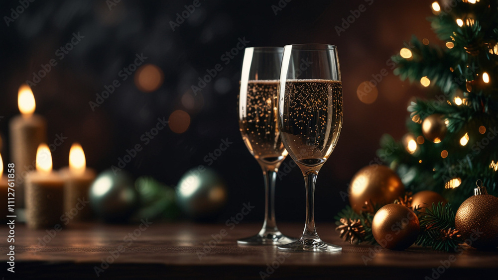 two glasses of champagne on christmas background two glasses of champagne on christmas background