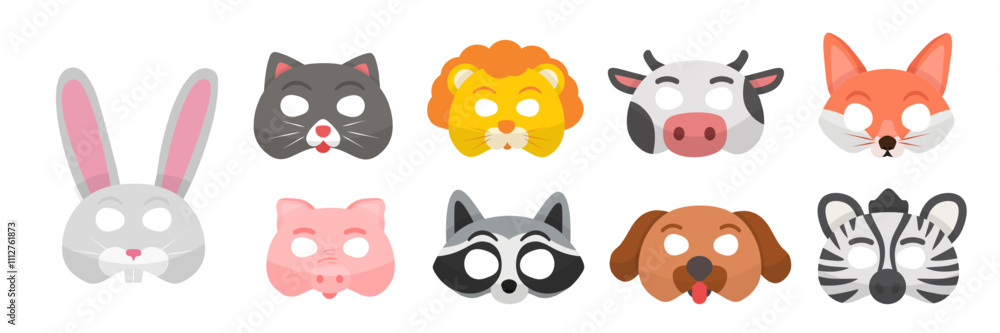 Animal masks vector illustration set. Holiday costume party, festival. Festive masquerade attributes. Rabbit, zebra, lion, cow, pig, raccoon, cat, dog and fox. Animal masks vector illustration set. Holiday costume party, festival. Festive masquerade attributes. Rabbit, zebra, lion, cow, pig, raccoon, cat, dog and fox.