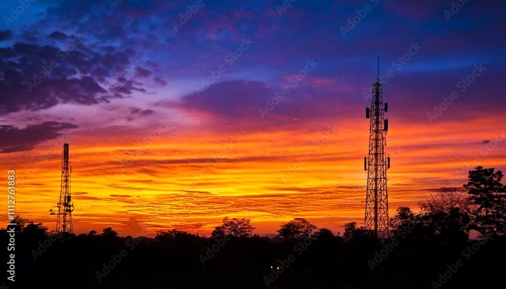 Fototapeta premium Scenic landscape with a telecommunications tower at sunset, colorful clouds in the sky, and a modern touch of technology and beauty