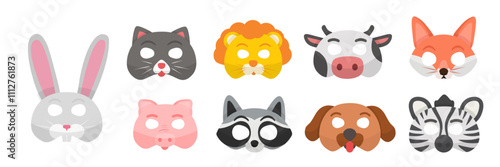 Animal masks vector illustration set. Holiday costume party, festival. Festive masquerade attributes. Rabbit, zebra, lion, cow, pig, raccoon, cat, dog and fox.