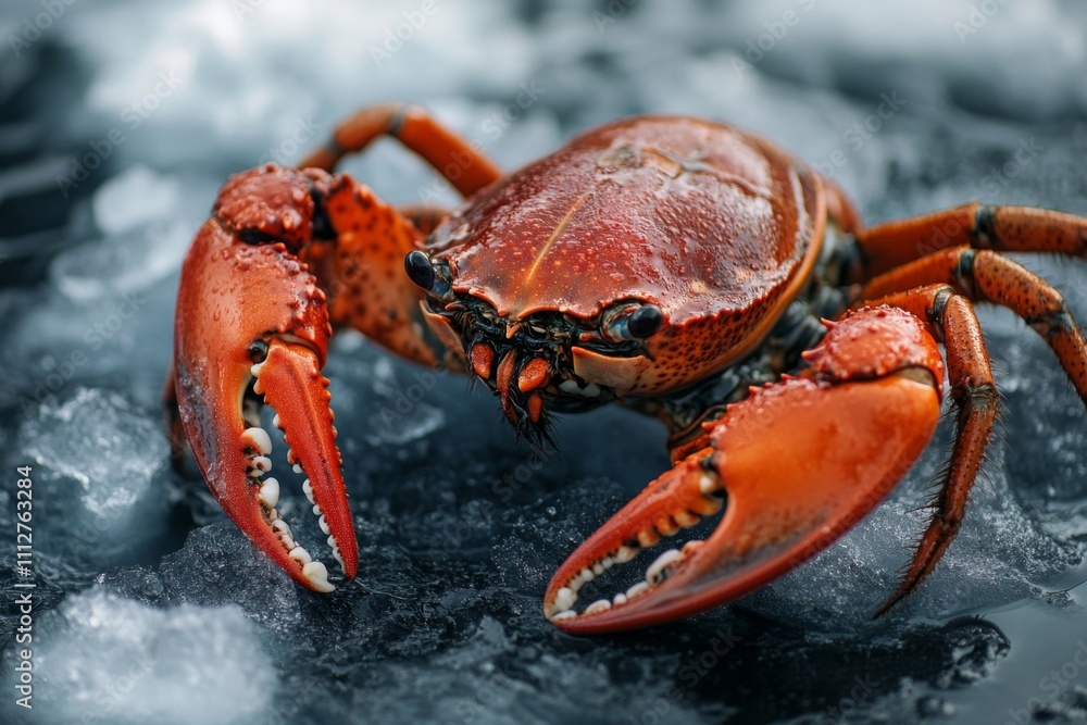 Vibrant Red Crab on Crushed Ice: Fresh Seafood Close-Up Showcasing Detailed Texture and Natural Habitat Vibrant Red Crab on Crushed Ice: Fresh Seafood Close-Up Showcasing Detailed Texture and Natural Habitat