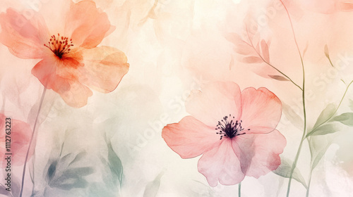 Soft watercolor florals in pastel tones, subtly scattered across a pale grayish-white background,