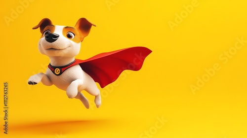 A cute cartoon dog dressed as a superhero flies through the air.