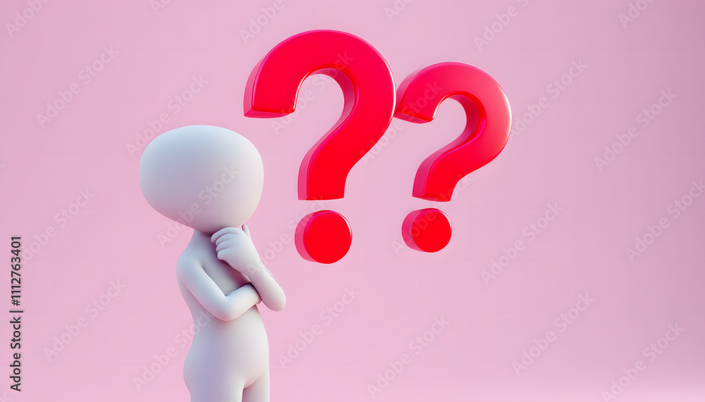 3D Thinking Character with Question Marks, Concept of Curiosity and Problem Solving 3D Thinking Character with Question Marks, Concept of Curiosity and Problem Solving