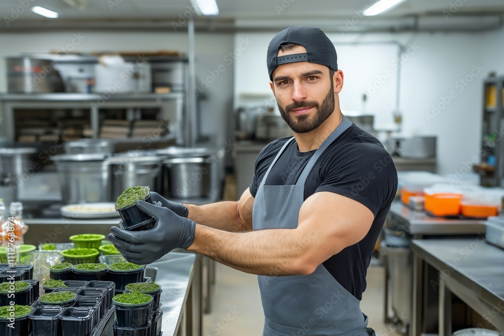 Young Man in Culinary Setting Preparing Fresh Herbs in Industrial Kitchen Young Man in Culinary Setting Preparing Fresh Herbs in Industrial Kitchen