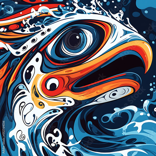 Vibrant eagle illustration with swirling water and Salish design elements, showcasing intricate patterns and bold colors. This artwork captures essence of nature and cultural heritage photo