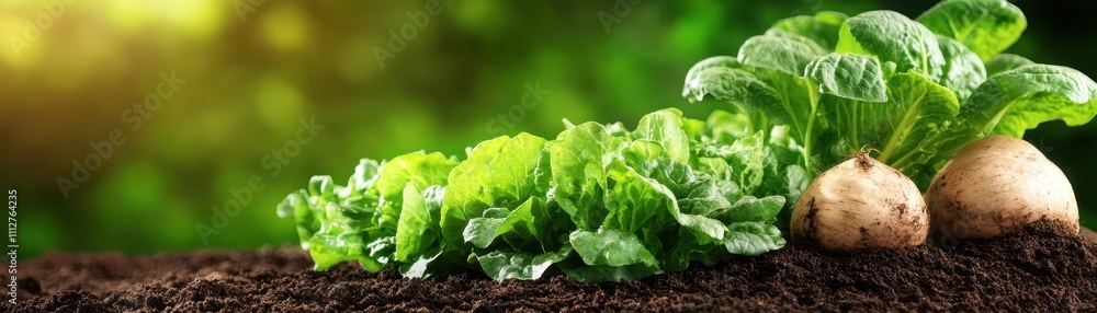 Fresh green lettuce and root vegetables growing in rich soil under soft sunlight, highlighting organic farming and healthy produce. Fresh green lettuce and root vegetables growing in rich soil under soft sunlight, highlighting organic farming and healthy produce.