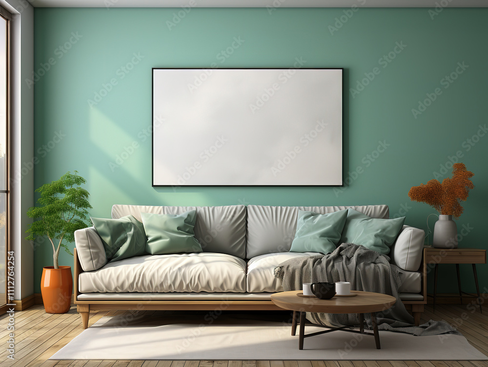 Modern Living Room with Teal Walls and Cozy Sofa Modern Living Room with Teal Walls and Cozy Sofa