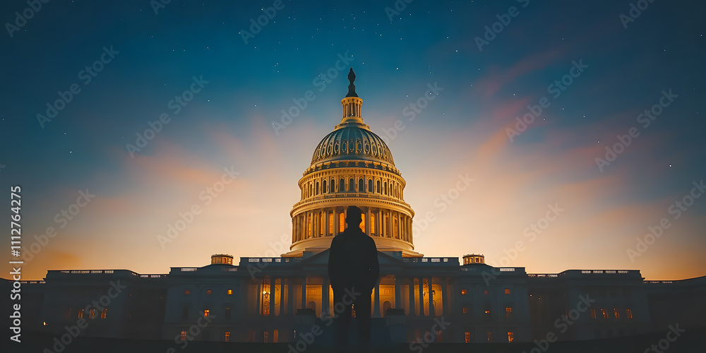 Fototapeta premium U.S. Capitol dome glowing at dusk or night, illuminated against the dark sky, symbolising American democracy, government, and national significance