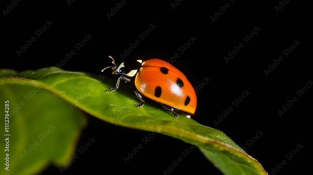 Ladybug Crawling On A Green Leaf At Night Ladybug Crawling On A Green Leaf At Night