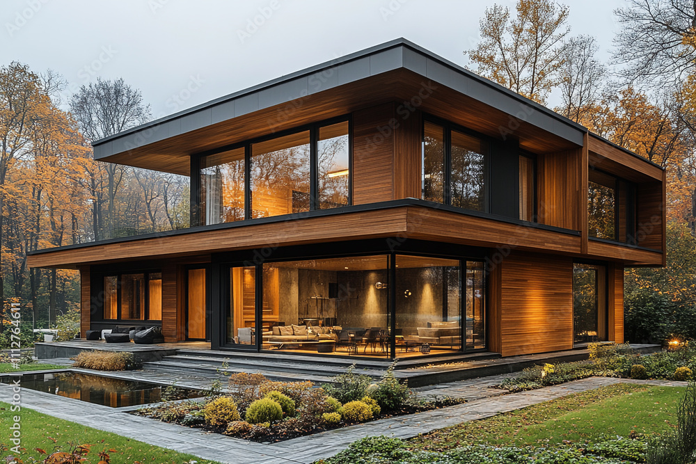 Fototapeta premium Modern Wooden House Autumn Landscape Setting