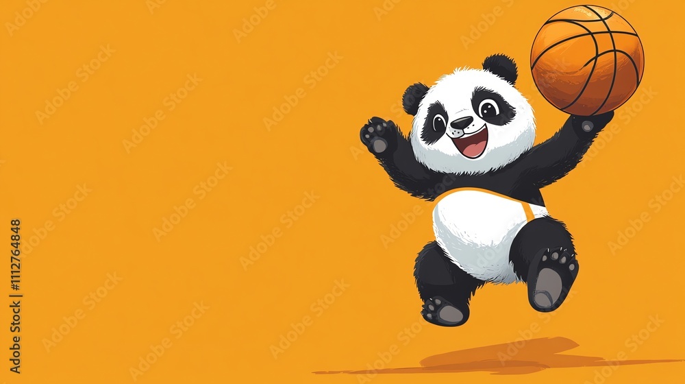 Fototapeta premium A happy panda jumps in the air with a basketball.